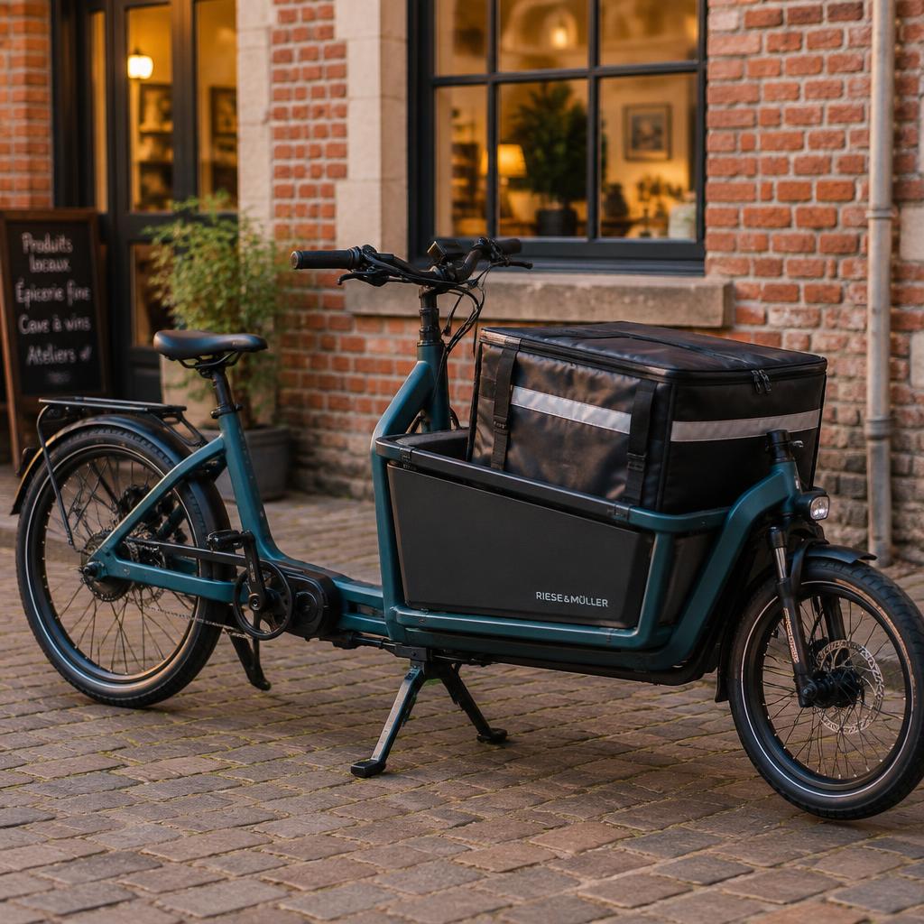 Un vélo cargo équipé d'un sac isotherme de livraison